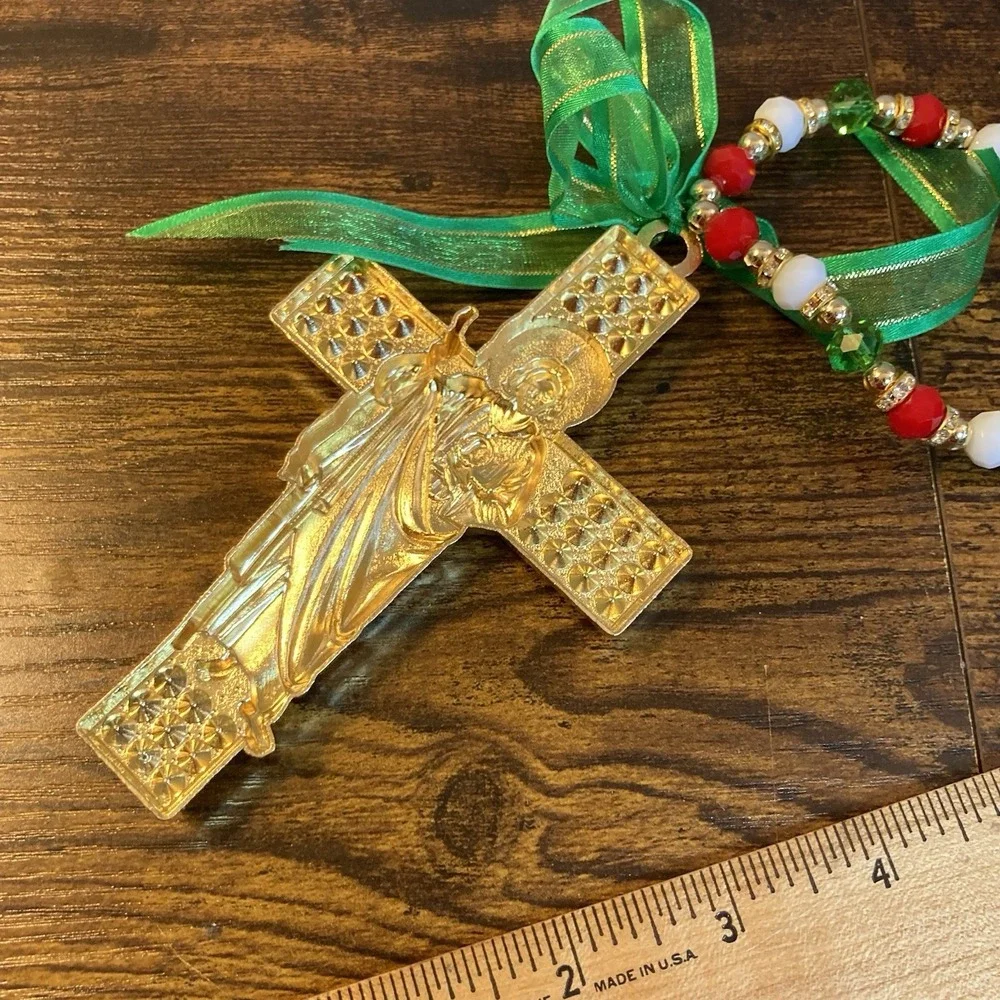 St Jude Rhinestone Cross Wall Hanging Green Red White Beaded Religious Decor